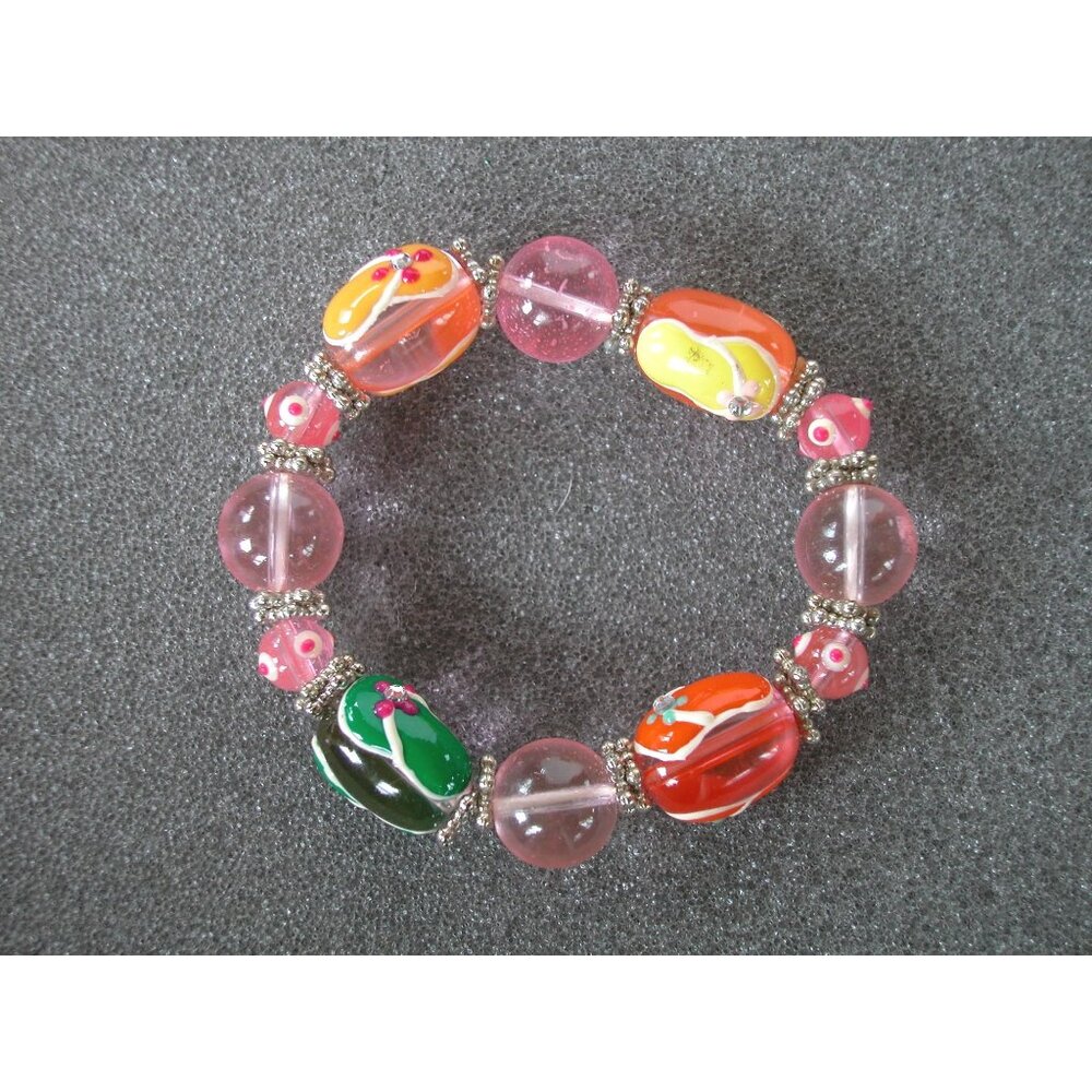 Colorful Beaded Stretch Bracelet  Floral Accents & Pink Beads Fits 6.5 Inches